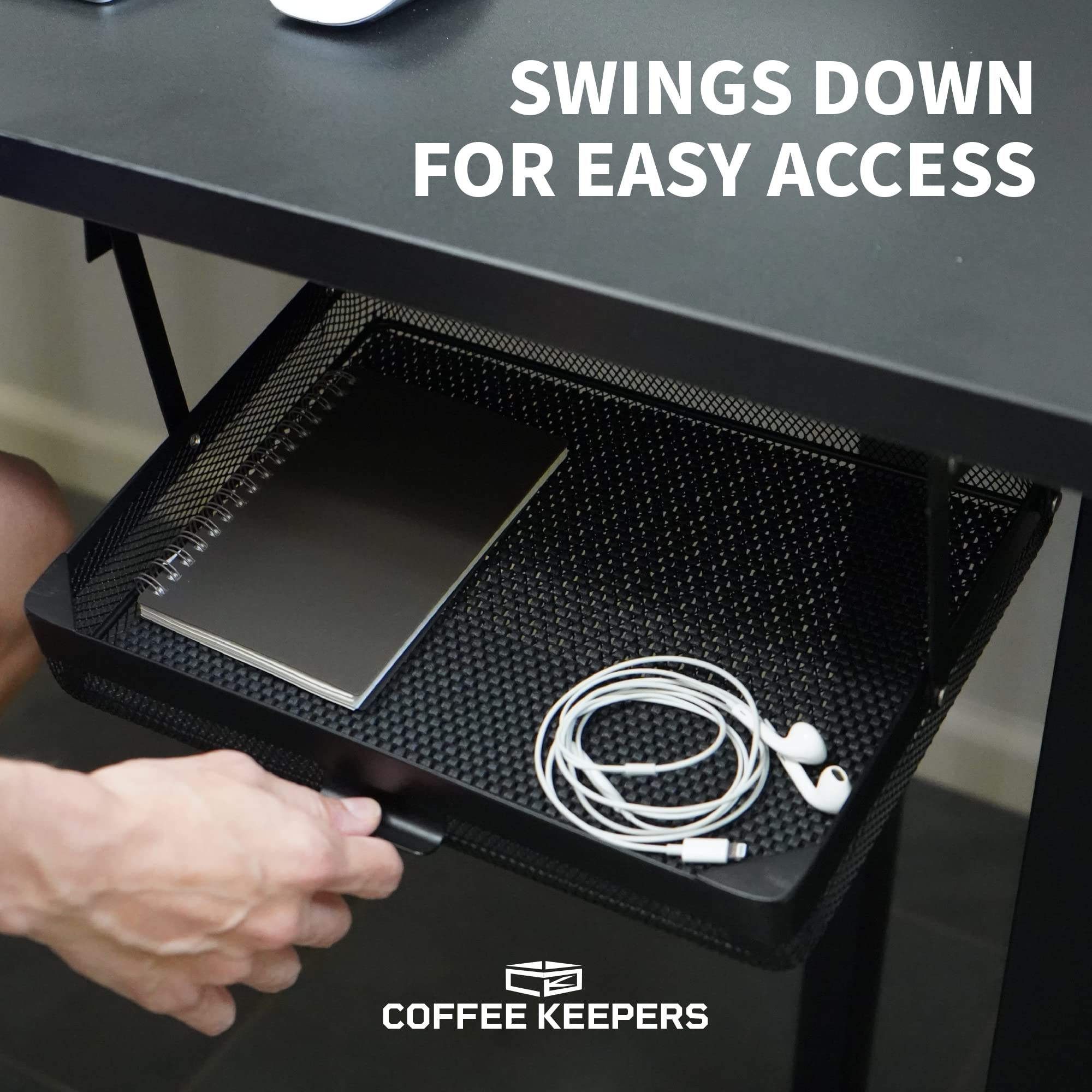 COFFEEKEEPERS under desk drawer mounted-under-table shows secure installation for daily use.