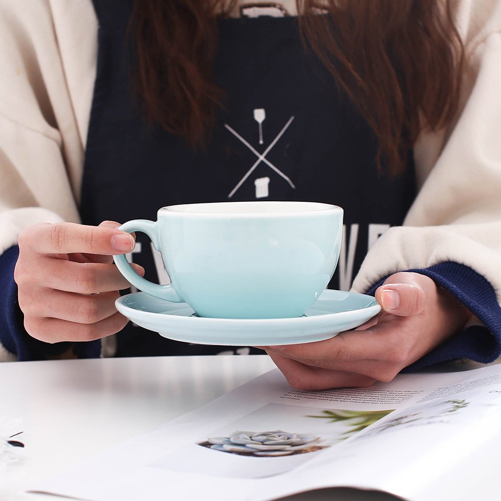 Coffeezone bone china cup with glossy light blue glaze for stylish cafe service