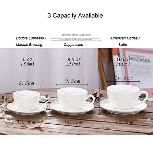Coffeezone latte art cup and saucer set, thick porcelain retains heat.