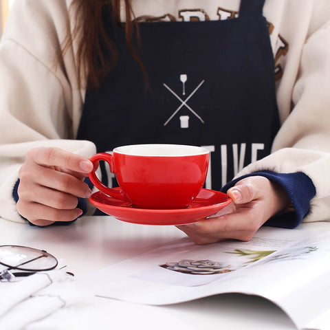 Coffeezone glossy red saucer paired with the cup for elegant serving
