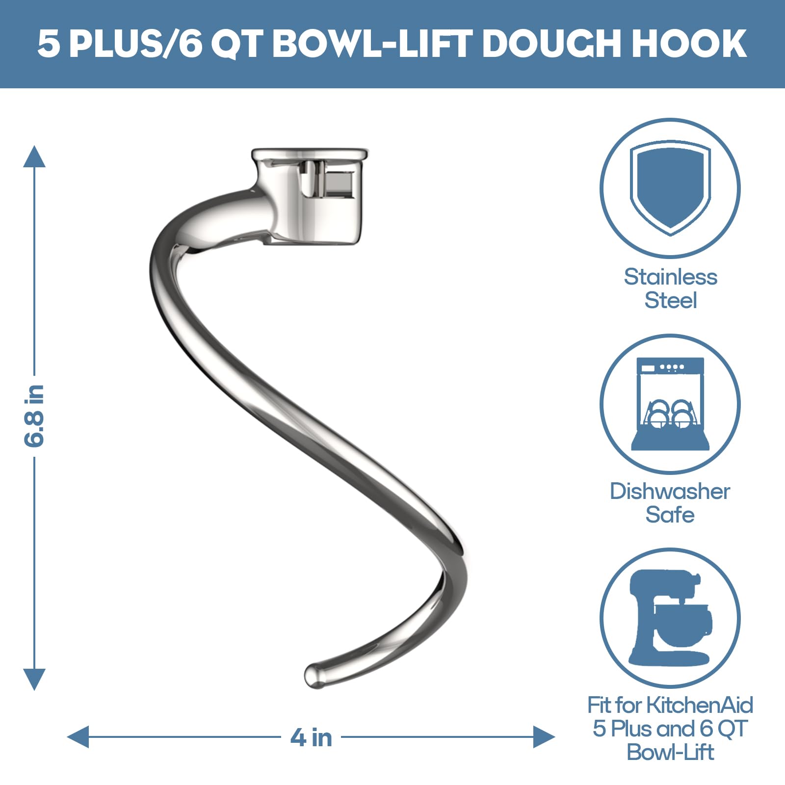 Close-up of Cofun 304 stainless steel dough hook highlighting rust-resistance.