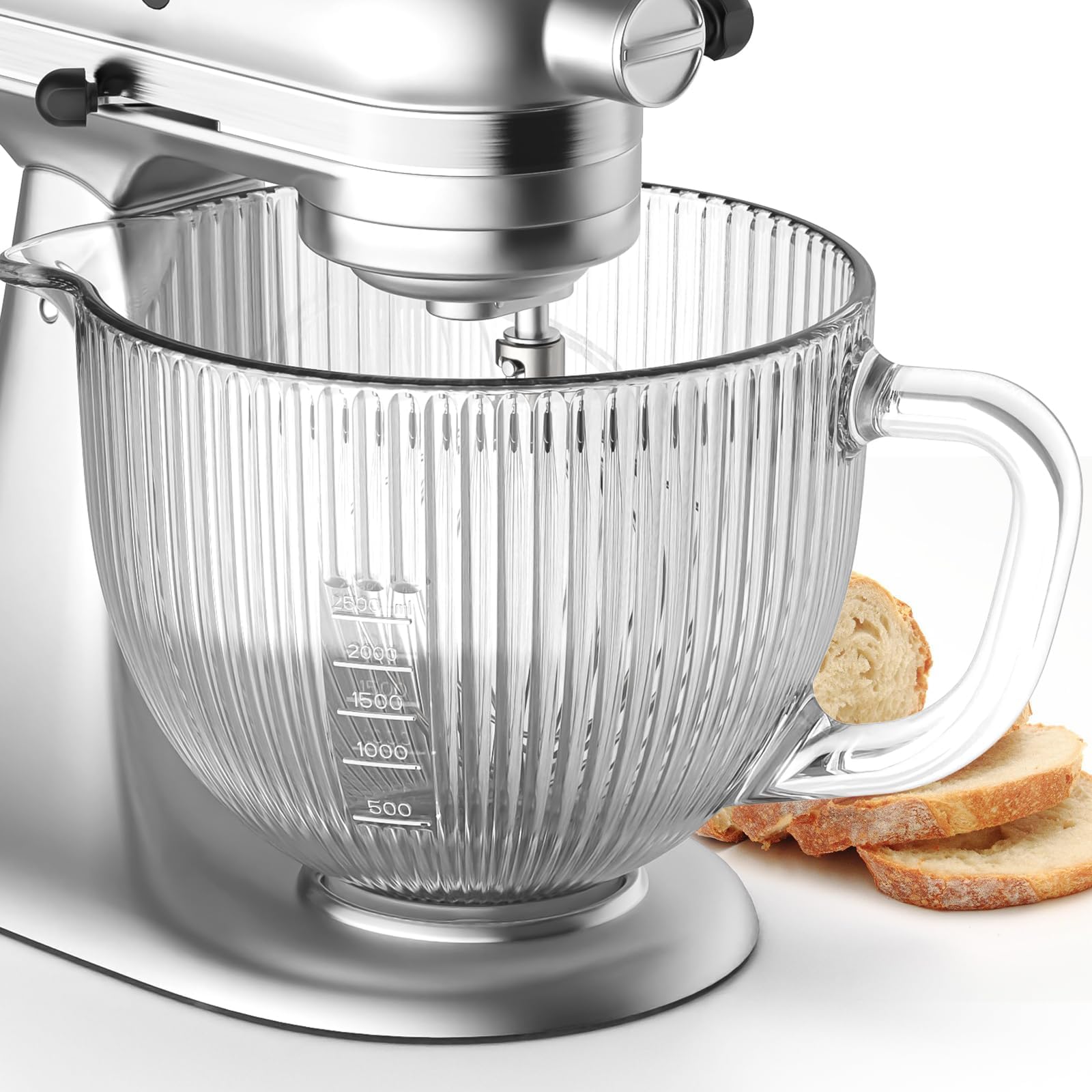 Cofun glass mixer bowl 4.5-5 qt with measurement markings for precise ingredient adding