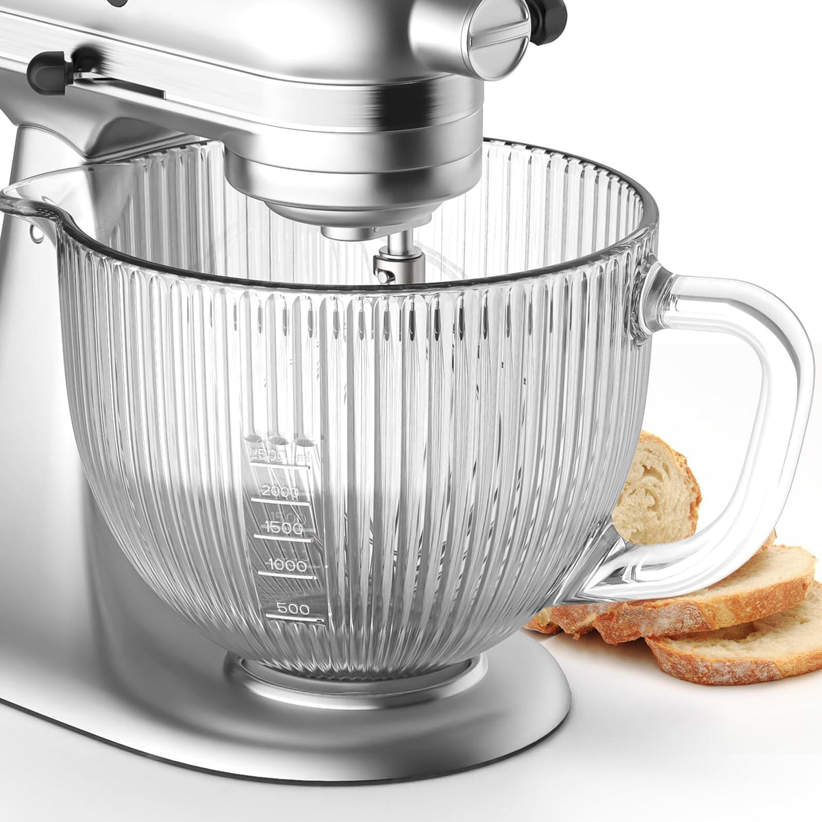 Cofun glass mixer bowl 4.5-5 qt with measurement markings for precise ingredient adding