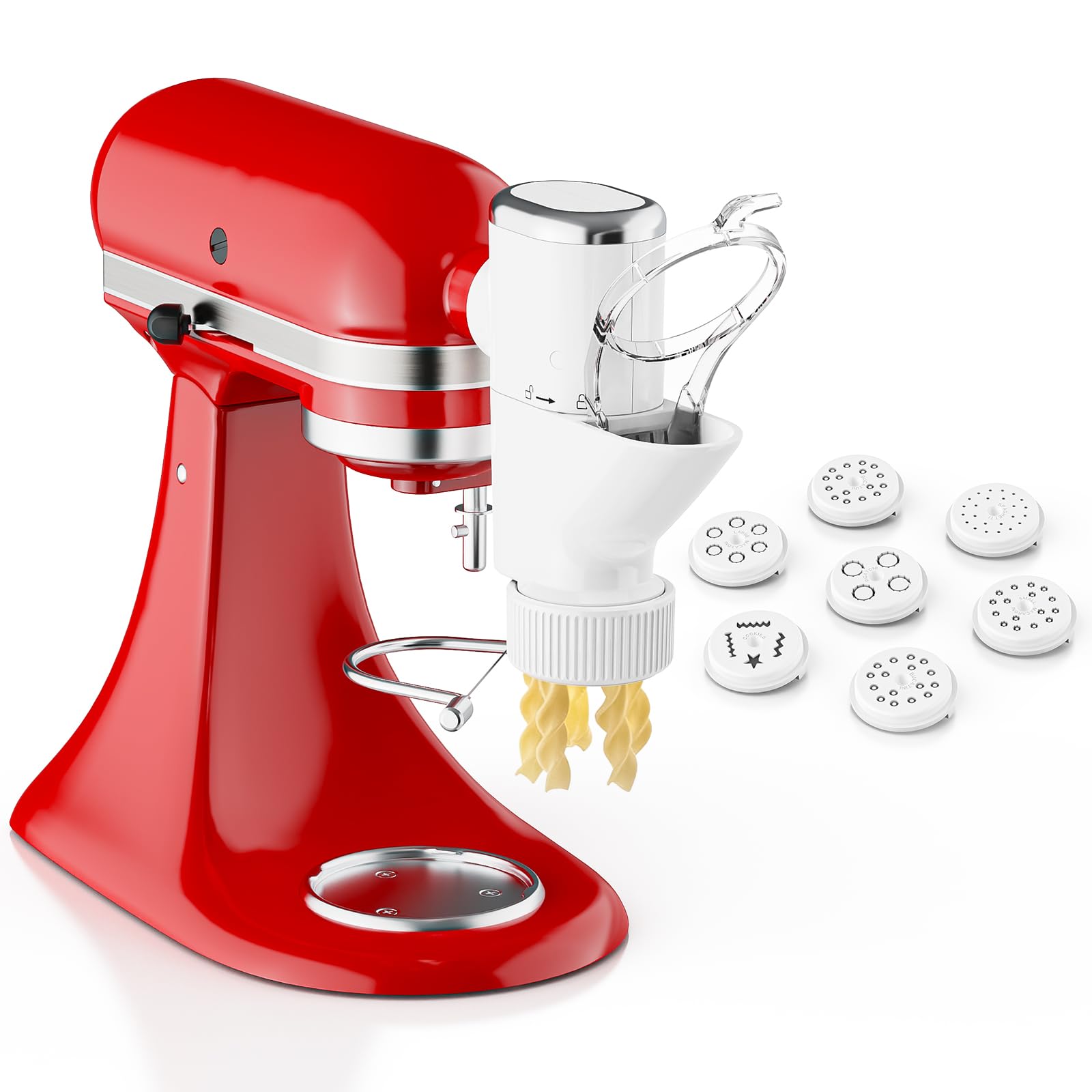 Cofun Gourmet Pasta Press attached to a KitchenAid mixer for fresh pasta