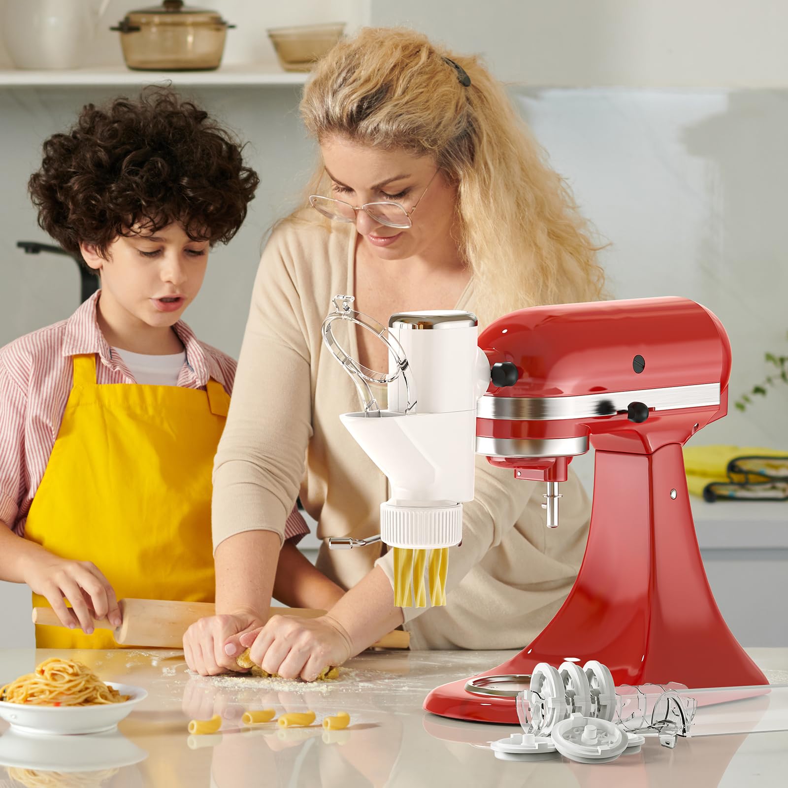 Cofun pasta press demonstrated in use with a mixer