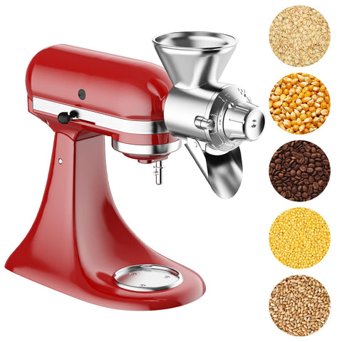 Cofun grain mill attachment on KitchenAid front view ready to mill fresh flour
