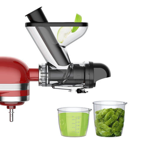 Cofun juicer attachment for KitchenAid with dual feed chute boosts juice yield and reduces prep time.