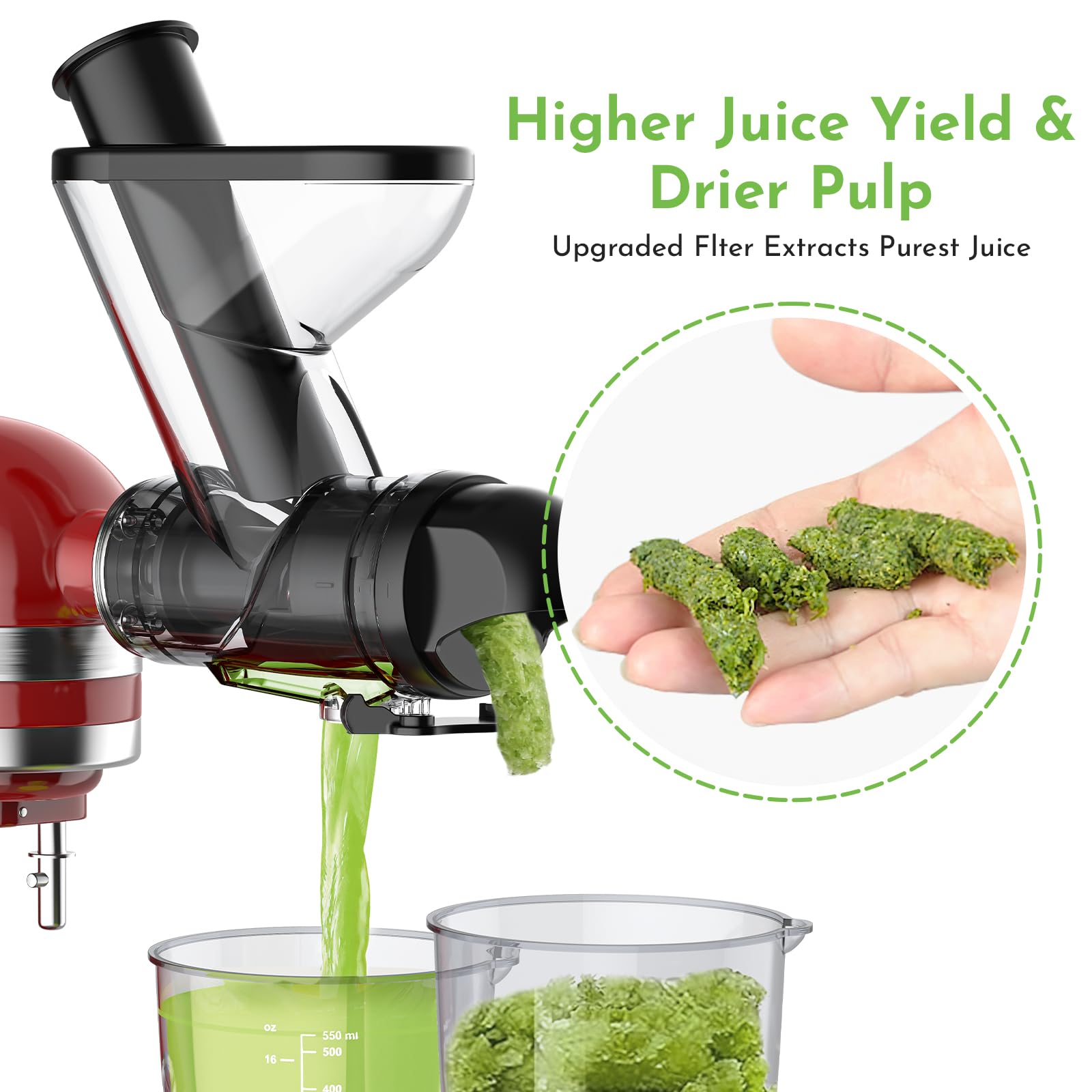 Cofun slow juicer attachment showcases cold press extraction preserving nutrients and flavor.