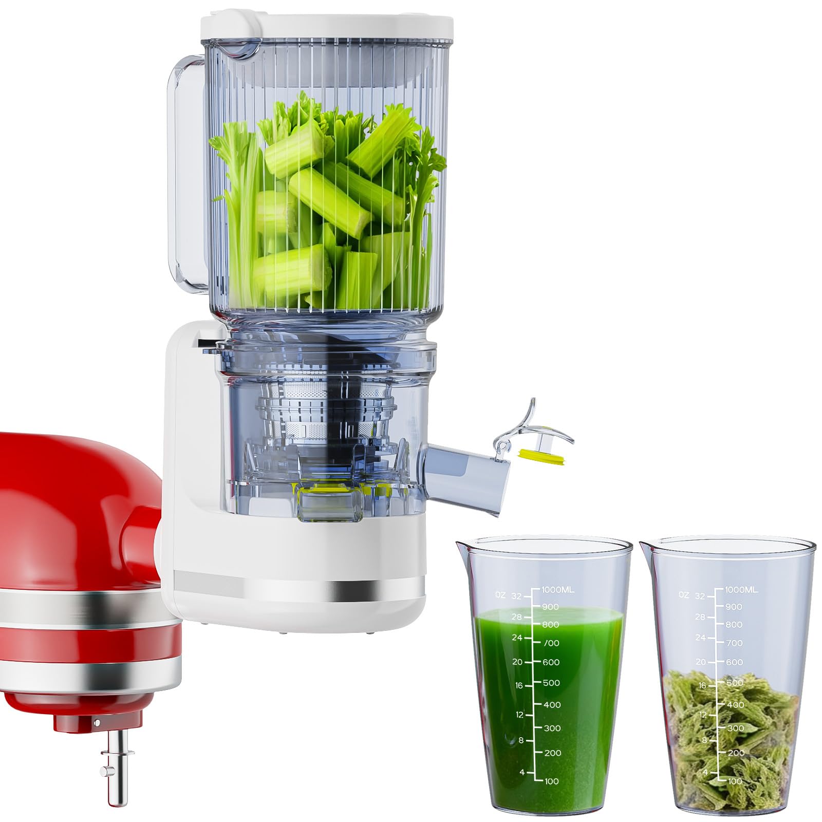 Cofun masticating juicer attachment with 4.9-inch chute enables whole-fruit juicing.