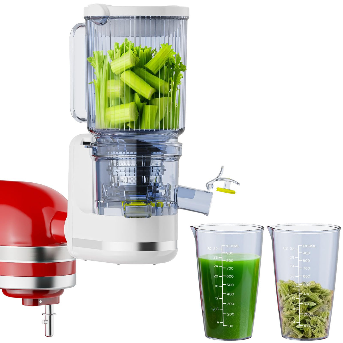 Cofun masticating juicer attachment with 4.9-inch chute enables whole-fruit juicing.