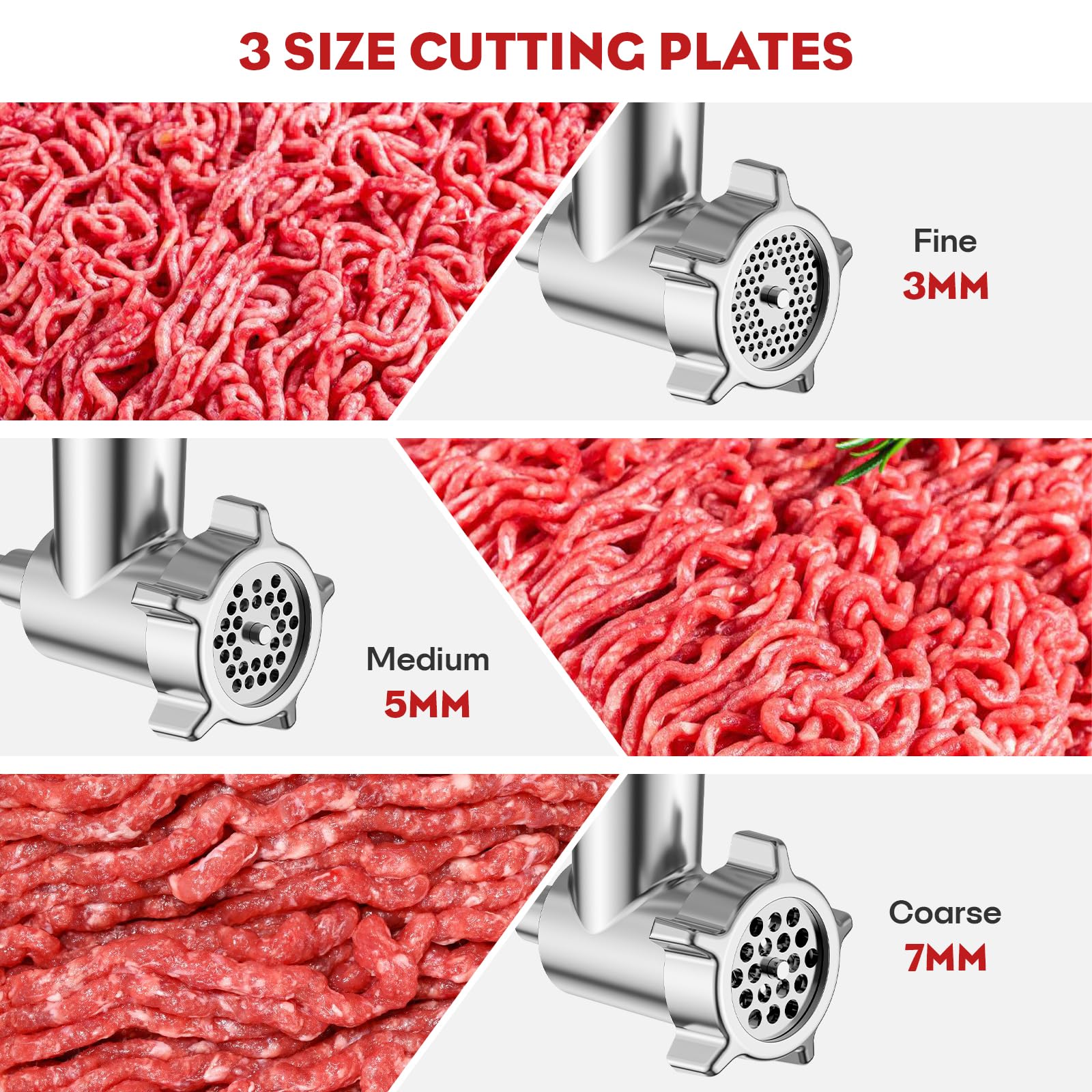 Cofun grinder attachment plates highlight fine to coarse options for texture control.