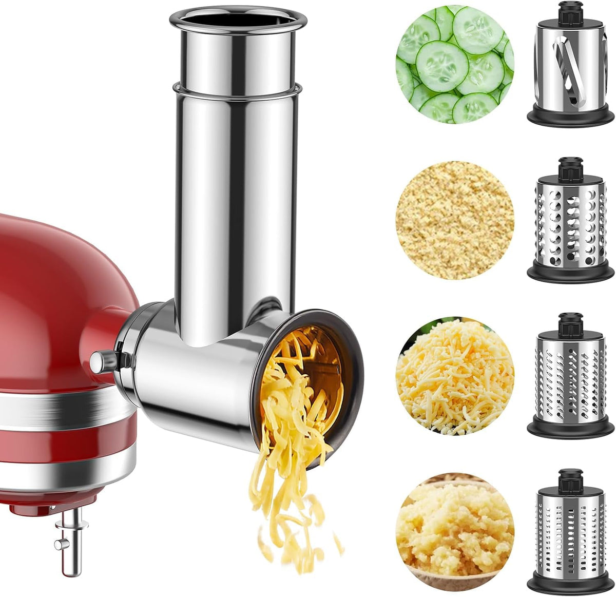 Cofun slicer-shredder attachment securely mounted on a KitchenAid mixer for versatile prep