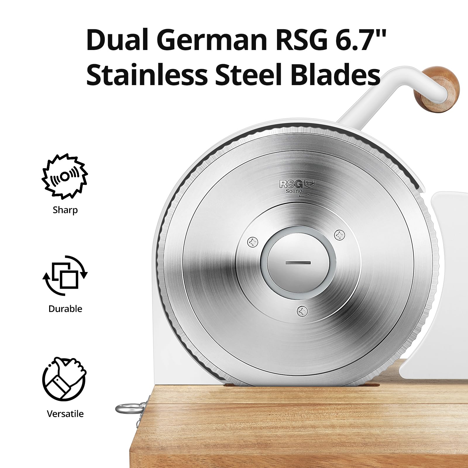 Cogace slicer featuring aluminum alloy body and acacia wood base for sturdy, stylish use