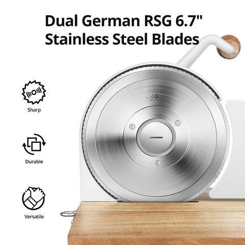 Cogace slicer featuring aluminum alloy body and acacia wood base for sturdy, stylish use