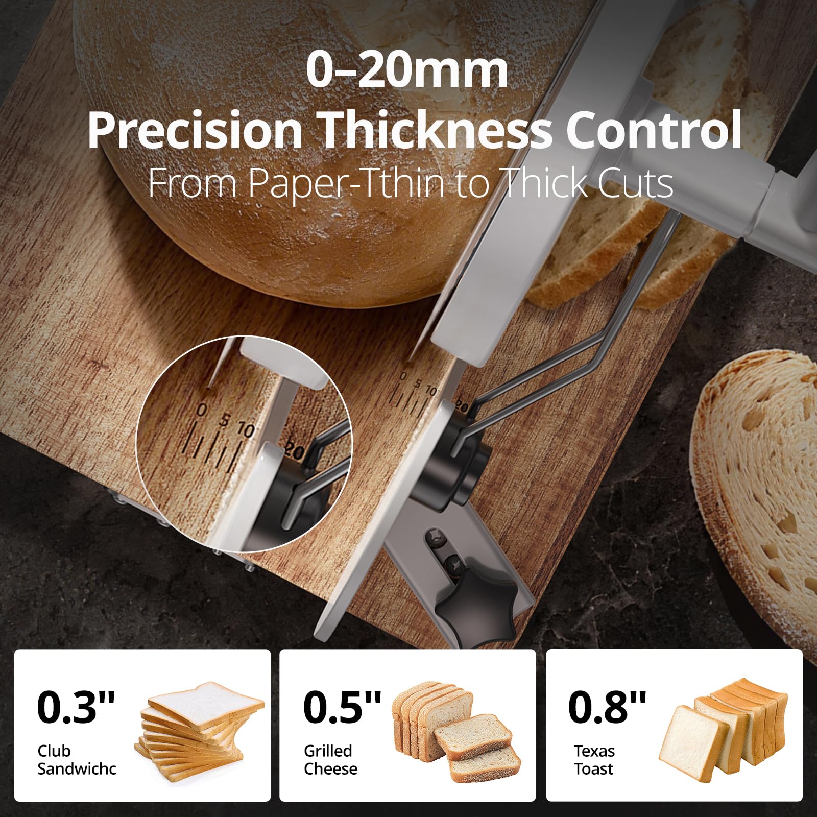 Cogace bread slicer safety features include non-slip feet and DropShield for stable slicing