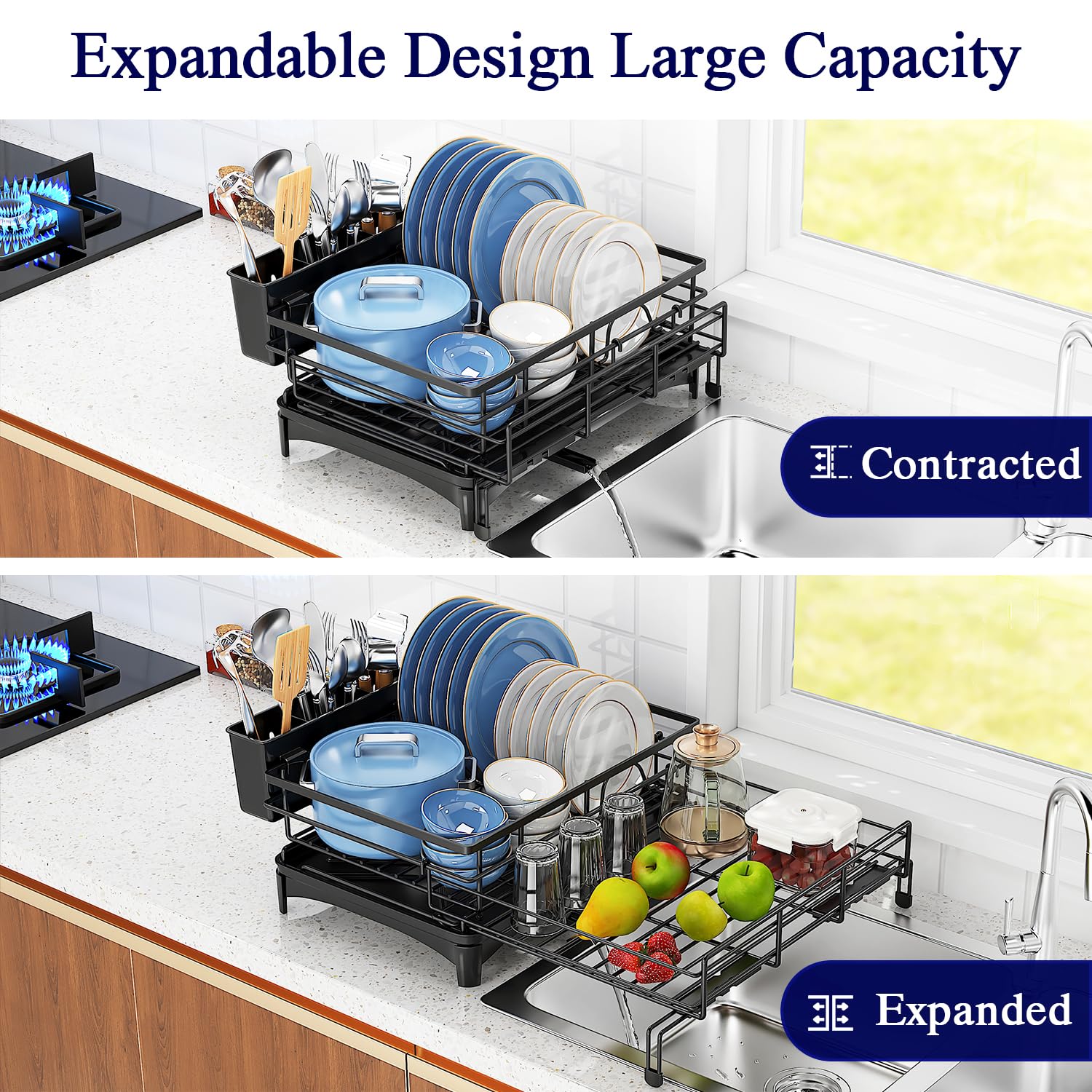 COHOSEGE dish drying rack fully extended to fit more dishes