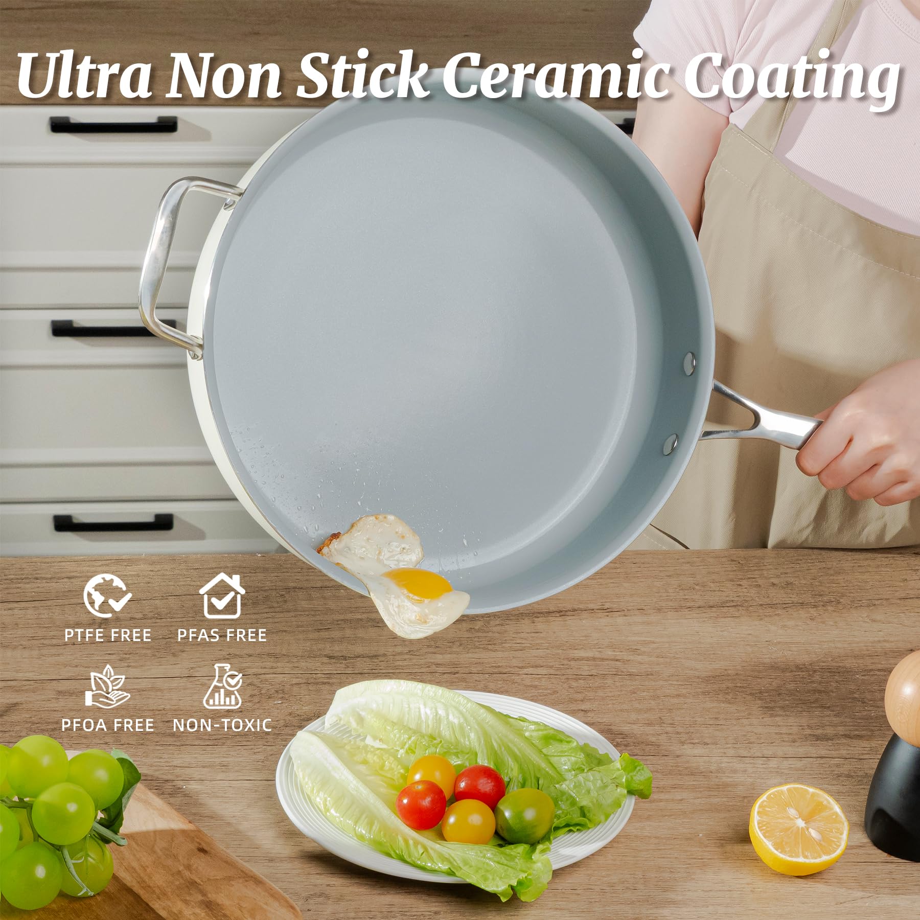 Coicur ceramic coating closeup highlights safe, durable surface for low oil sauteing.