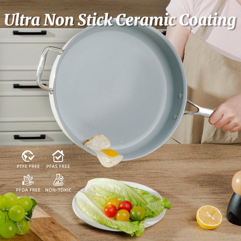 Coicur ceramic coating closeup highlights safe, durable surface for low oil sauteing.