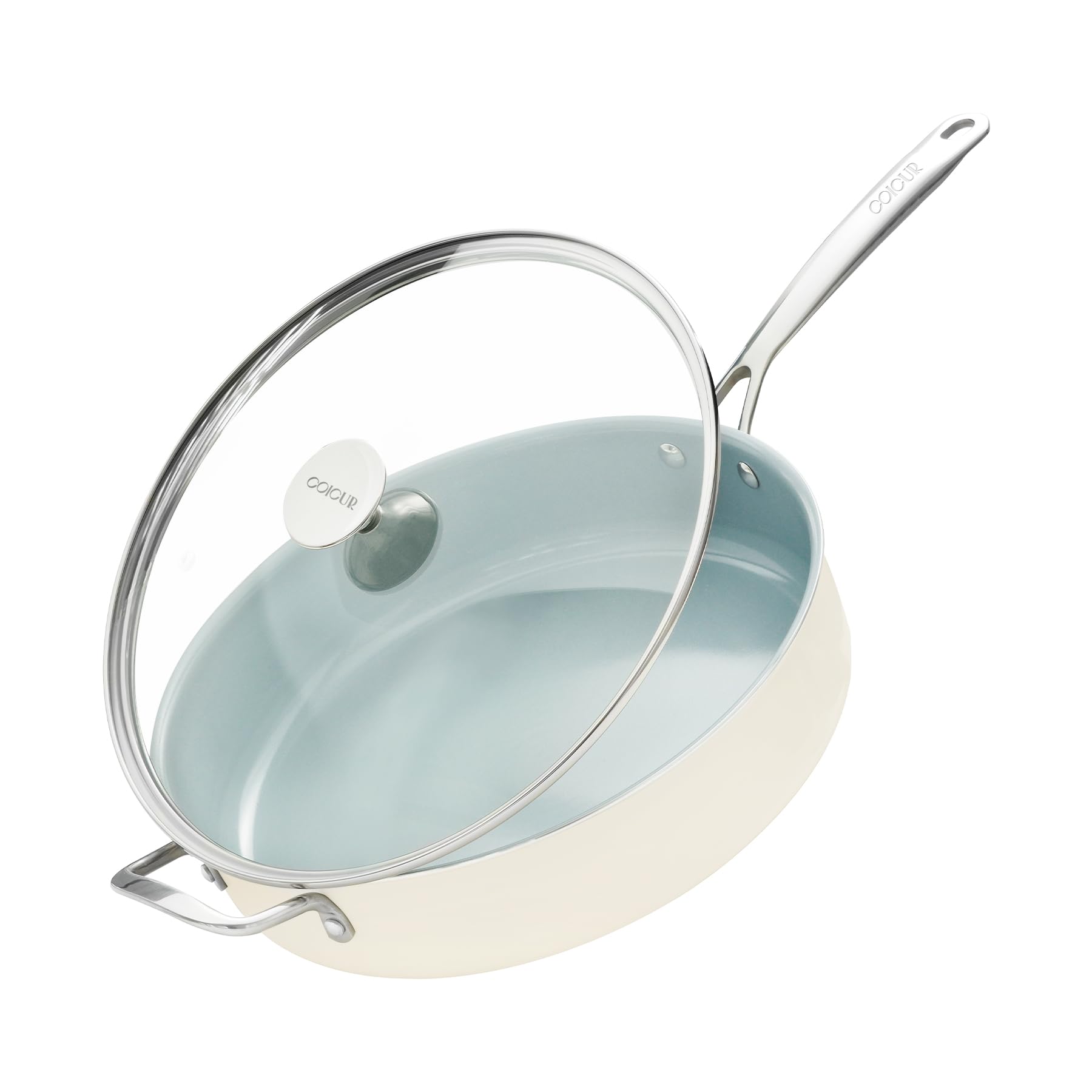 Coicur nonstick saute pan with lid keeps flavors while enabling easy cooking with minimal oil.