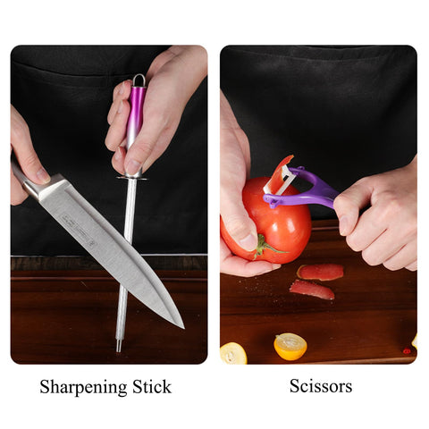 Cokinutvalleyus purple knife set chef knife closeup with ergonomic handle.