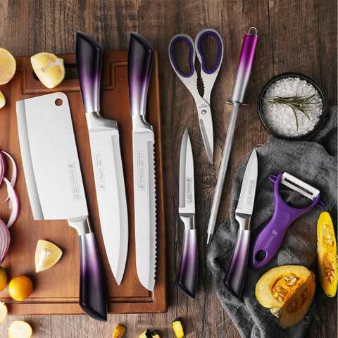 Cokinutvalleyus purple knife set knives closeup showing sharp stainless blades.