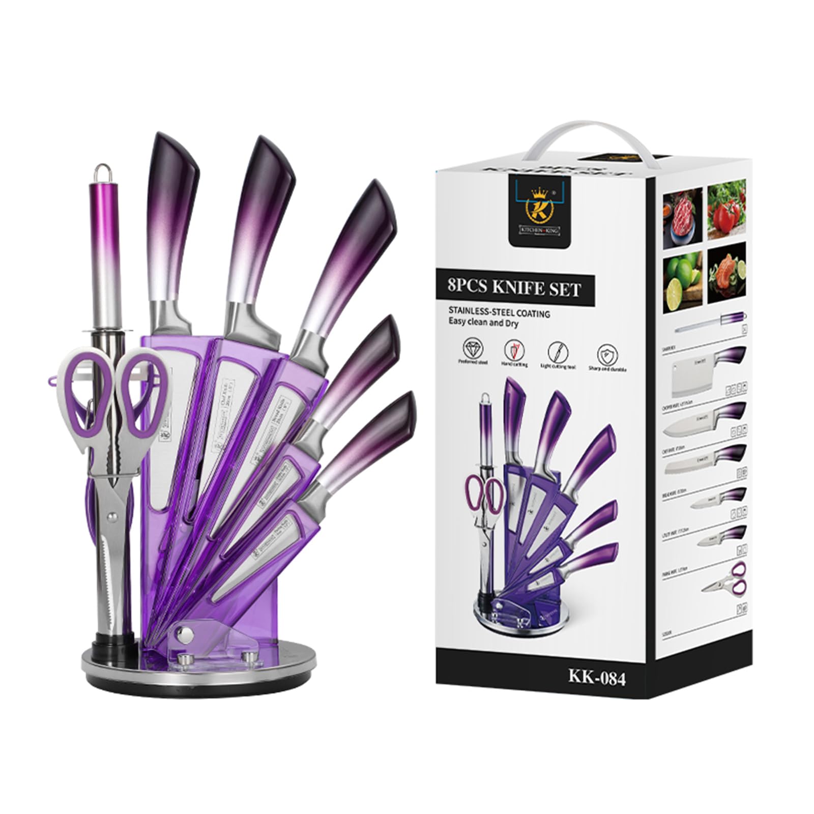 Cokinutvalleyus purple knife set scissors closeup for versatile prep.