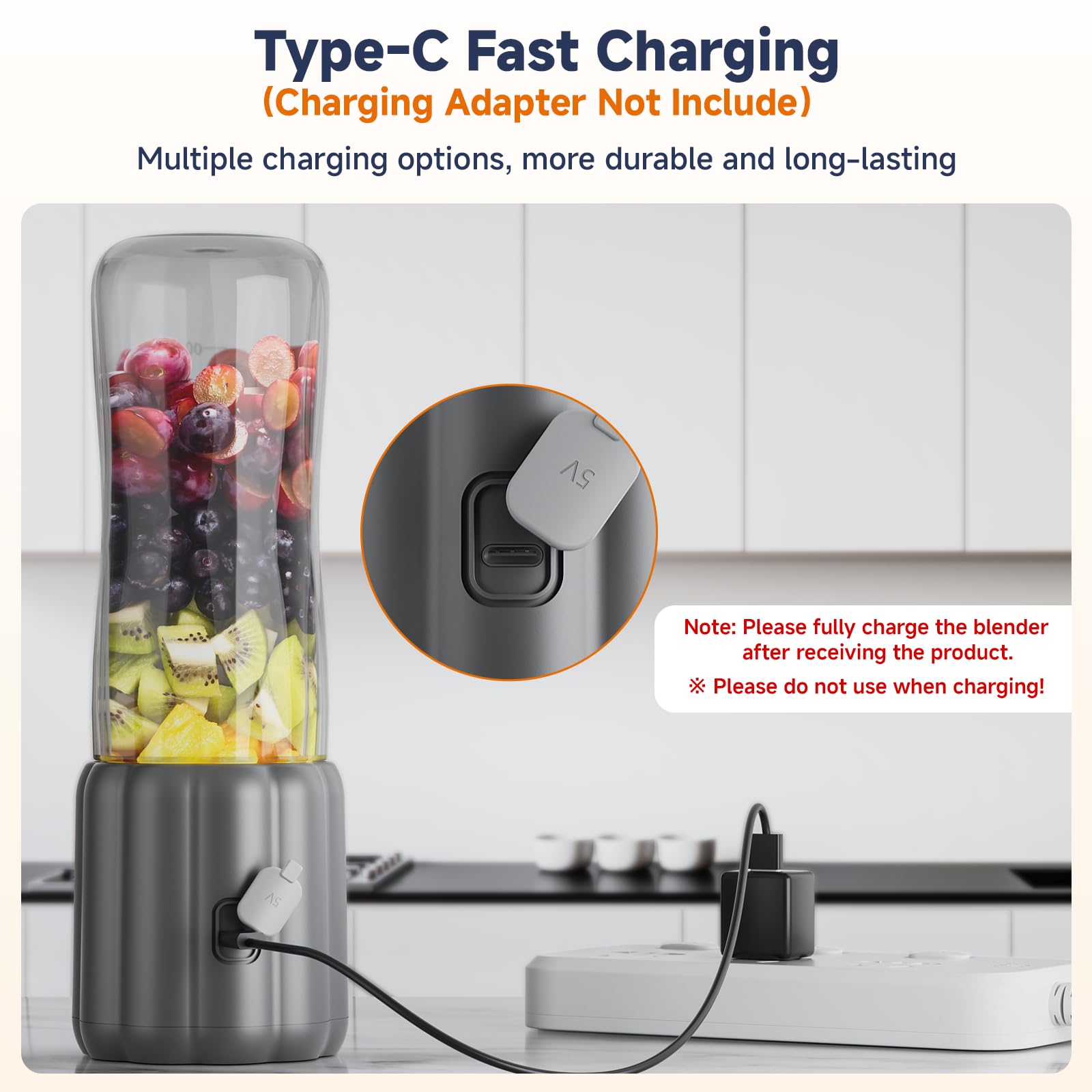 COKUNST USB rechargeable blender with charging cable for travel.