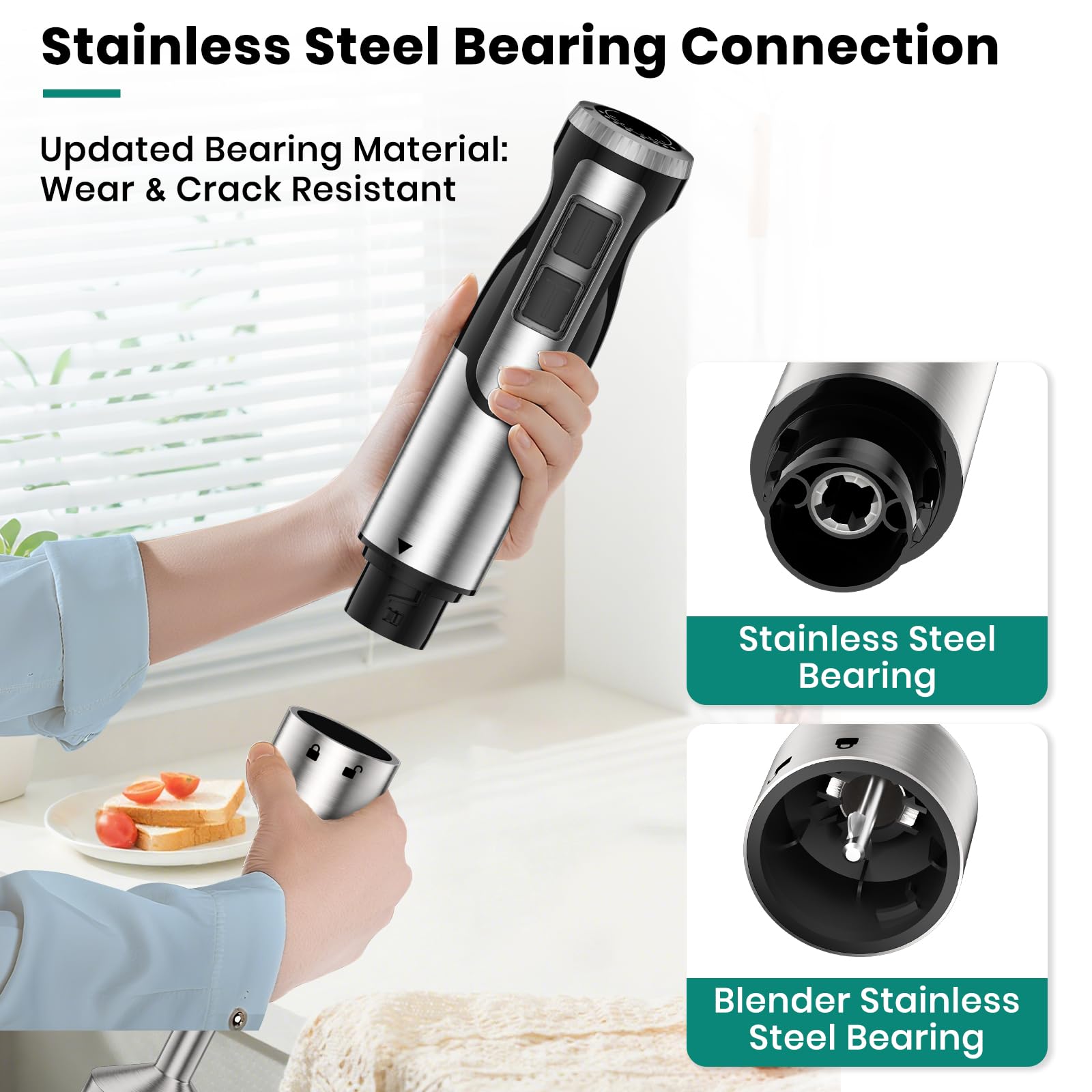 Stainless steel 4-leaf blades for smoother blends.