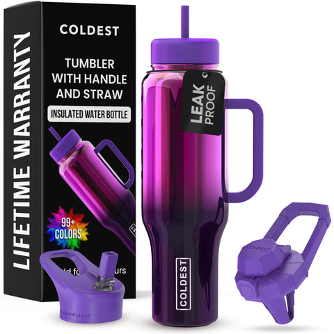 The Coldest Water 46oz tumbler with handle and straw for spill-free hydration on the go.