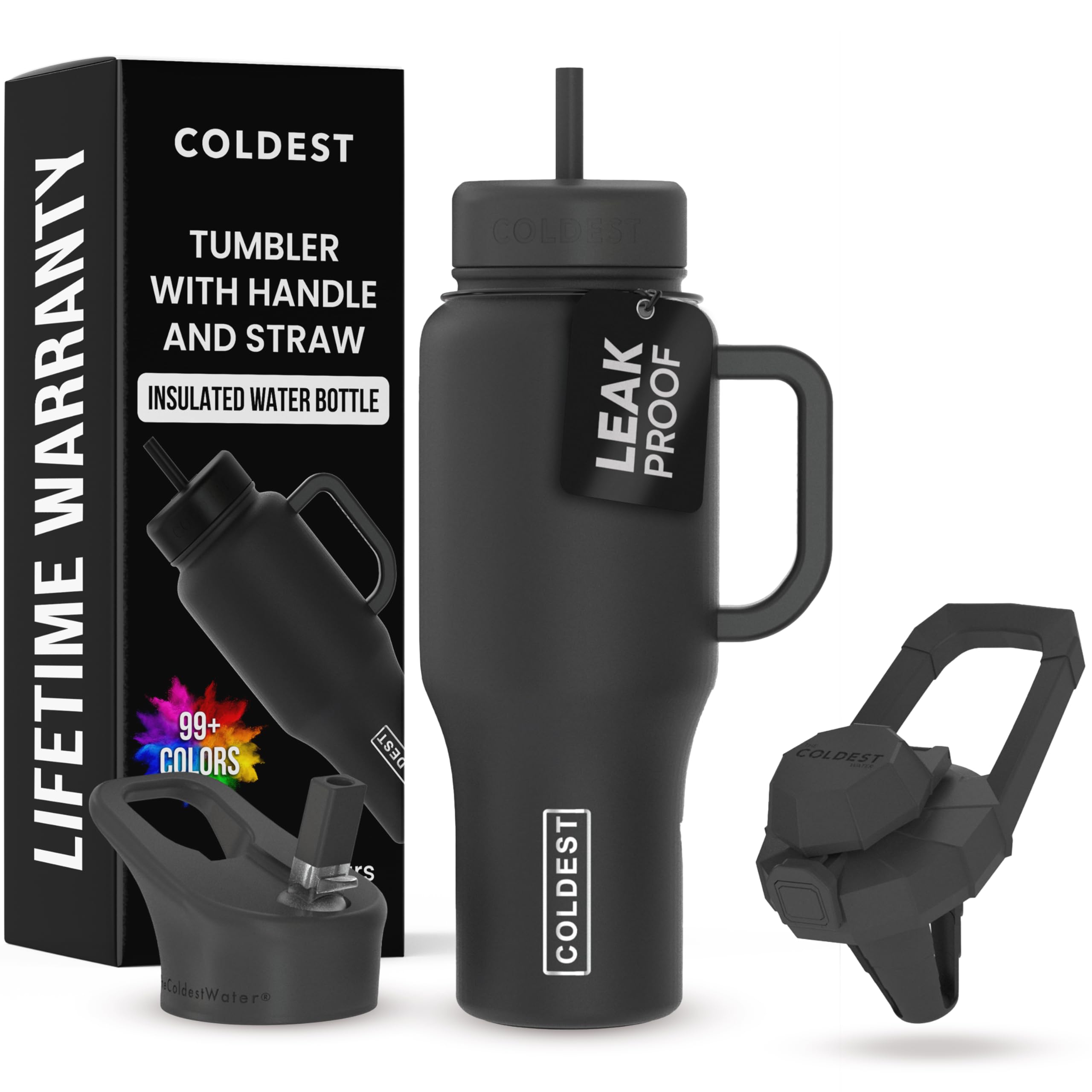 The Coldest Water tumbler with handle and straw in stealth black for easy on-the-go hydration.