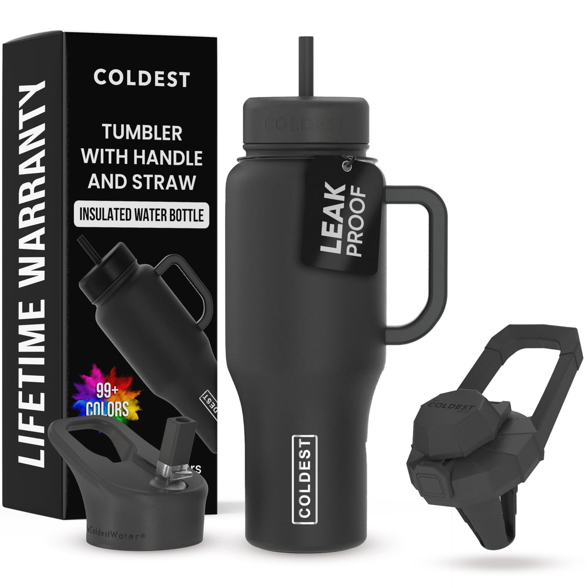 The Coldest Water tumbler with handle and straw in stealth black for easy on-the-go hydration.