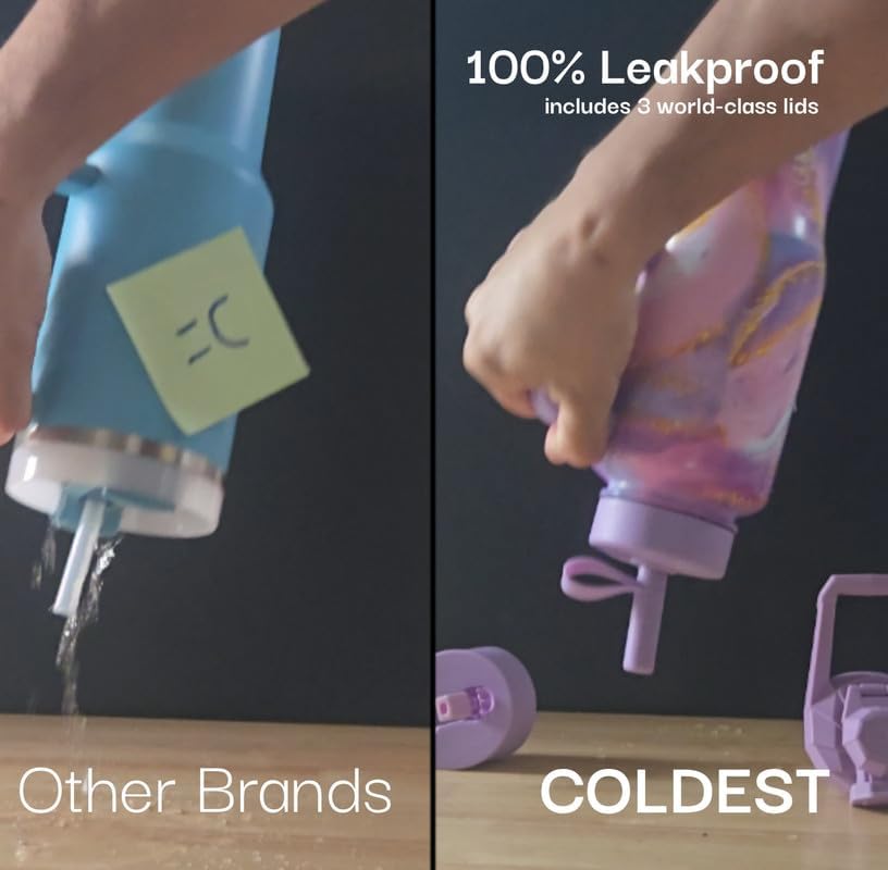 Leak-proof design of the Coldest Water tumbler with secure lid system.