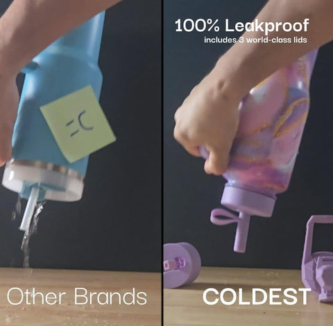 Leak-proof design of the Coldest Water tumbler with secure lid system.