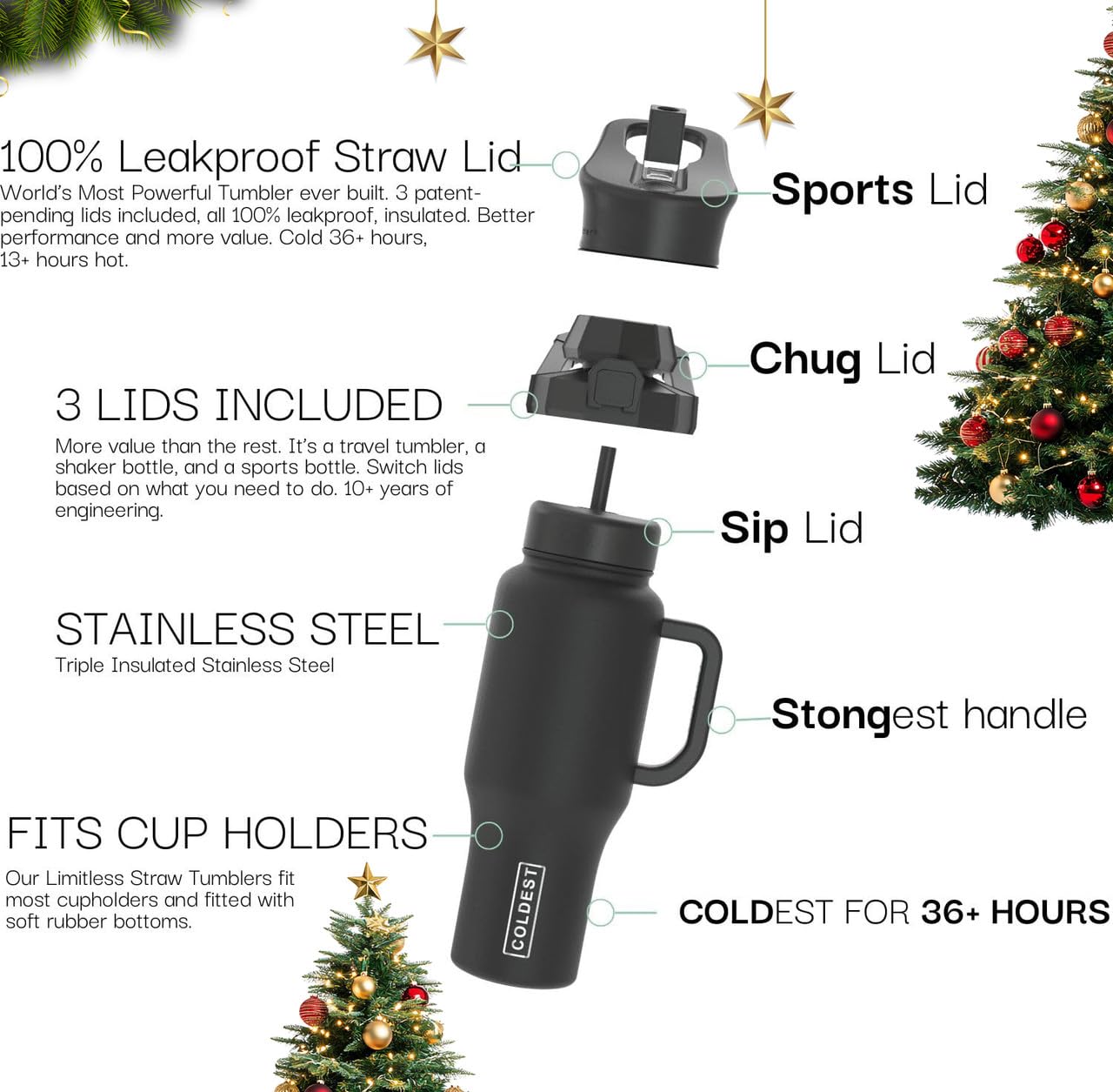 Coldest Water triple-lid insulated tumbler showing its lid system for versatile sipping.