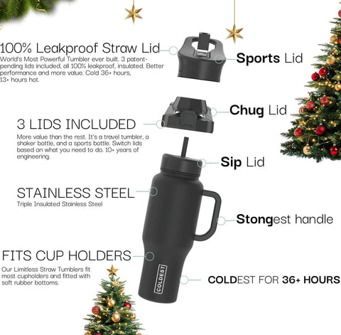 Coldest Water triple-lid insulated tumbler showing its lid system for versatile sipping.