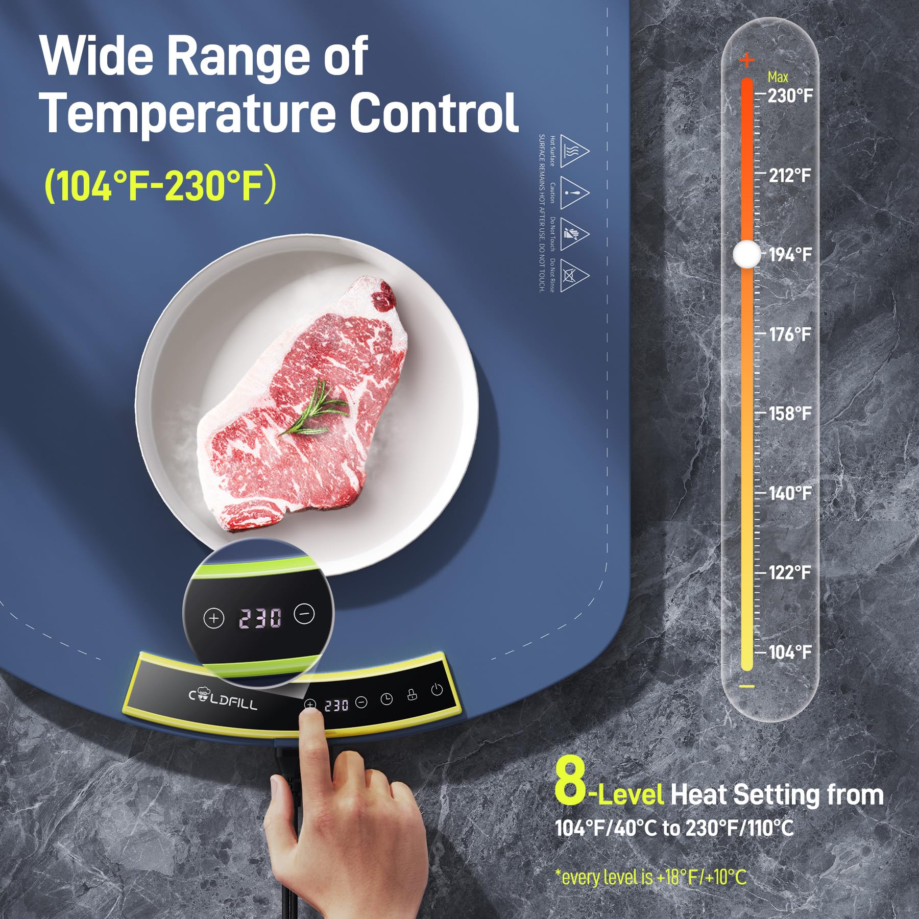 COLDFILL Warming Mat shows eight temperature settings for versatile warming