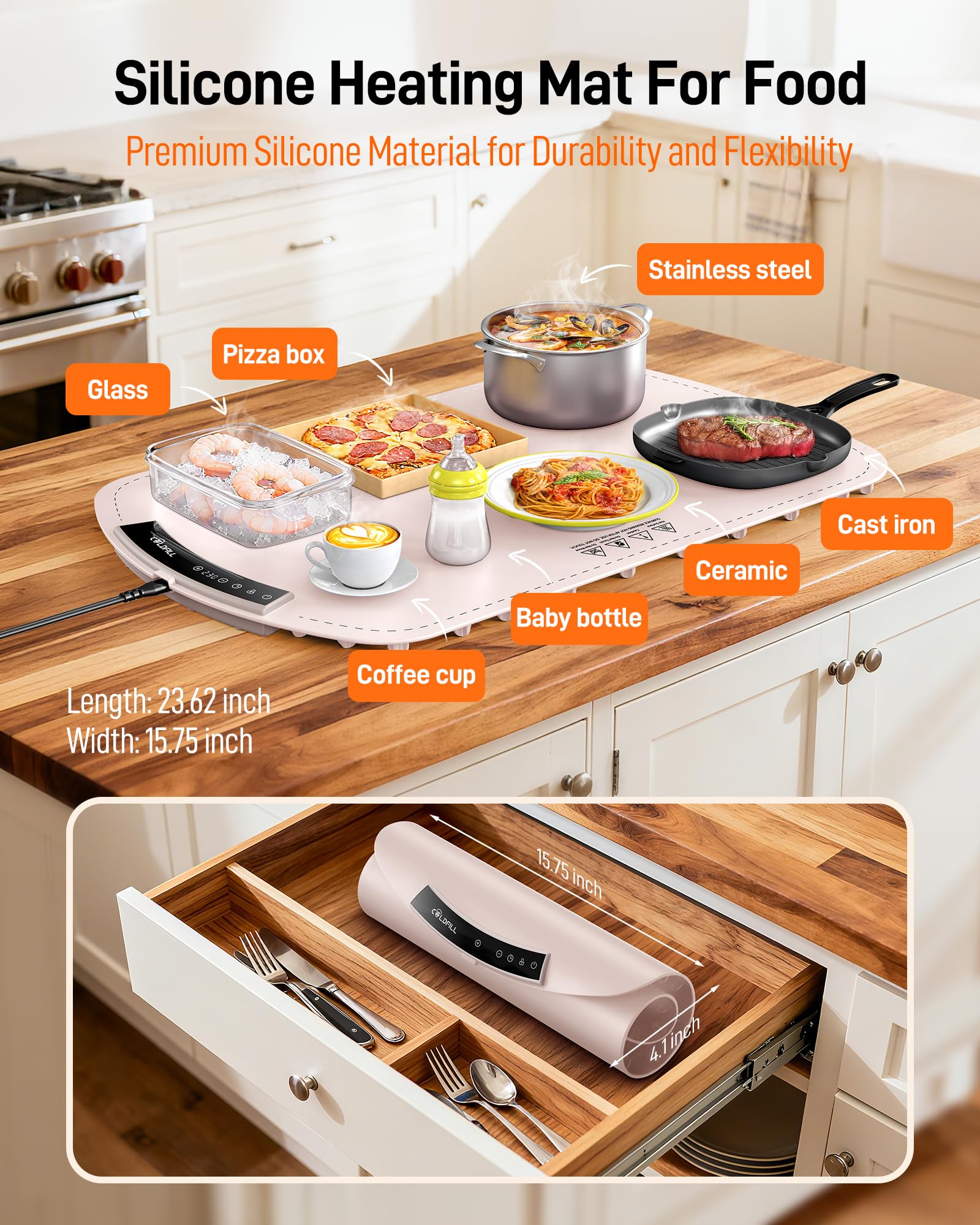 COLDFILL pink mat shows 4-hour timer feature for event warmth