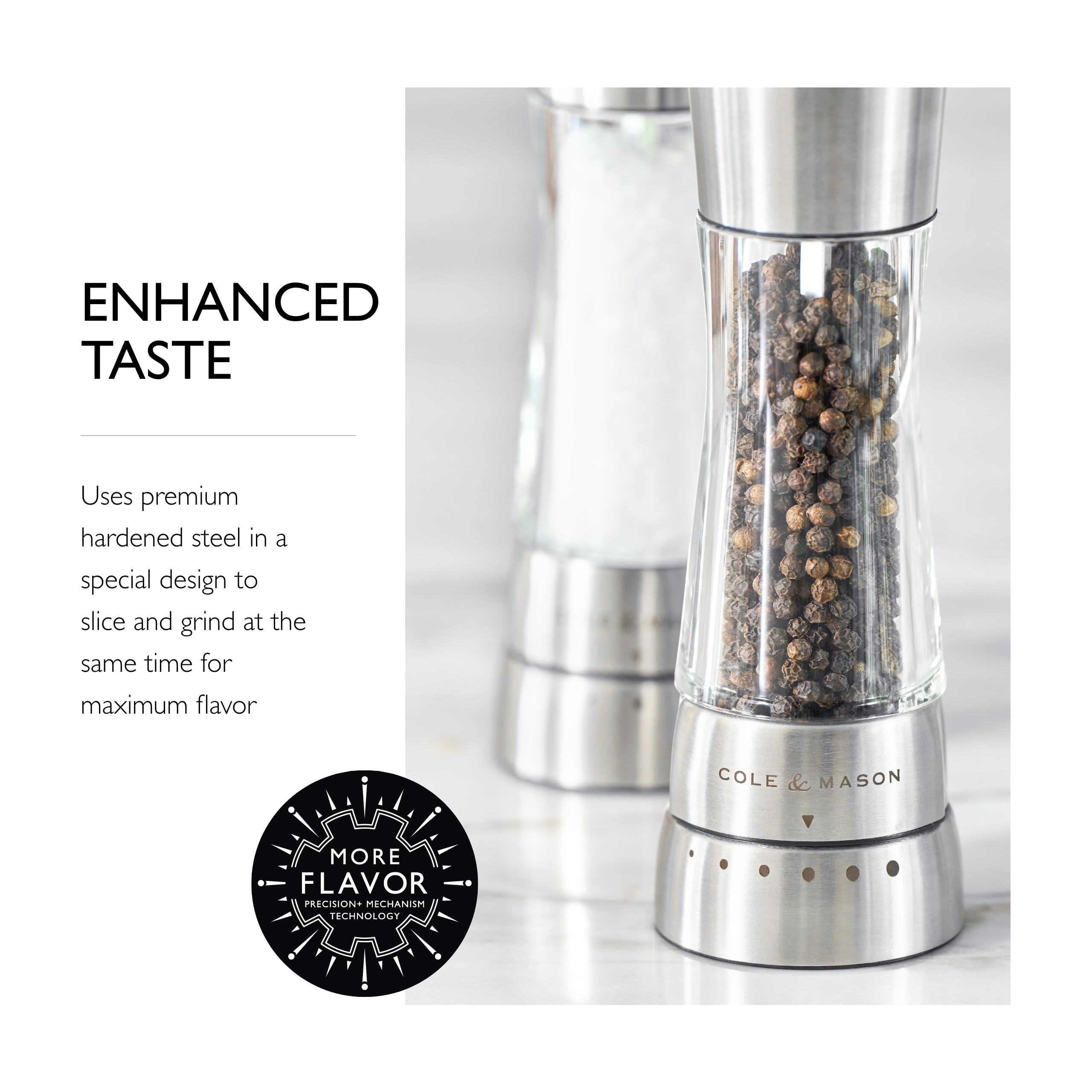 Derwent mills showing six pepper grind levels and three salt grind levels.