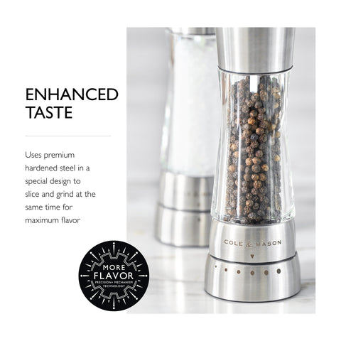 Derwent mills showing six pepper grind levels and three salt grind levels.