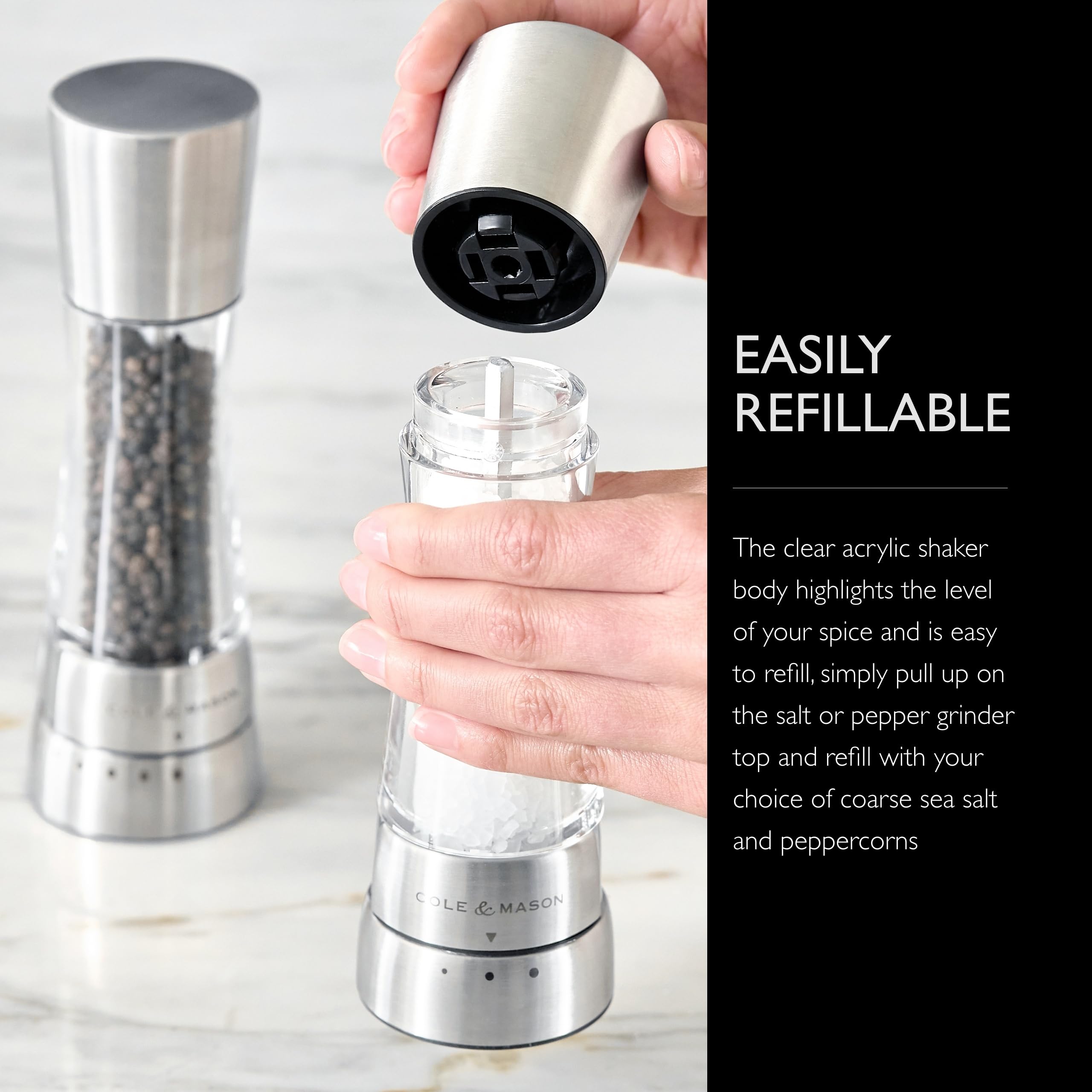 Freshness-sealed Cole & Mason Derwent mills keep spices dry and aromatic.