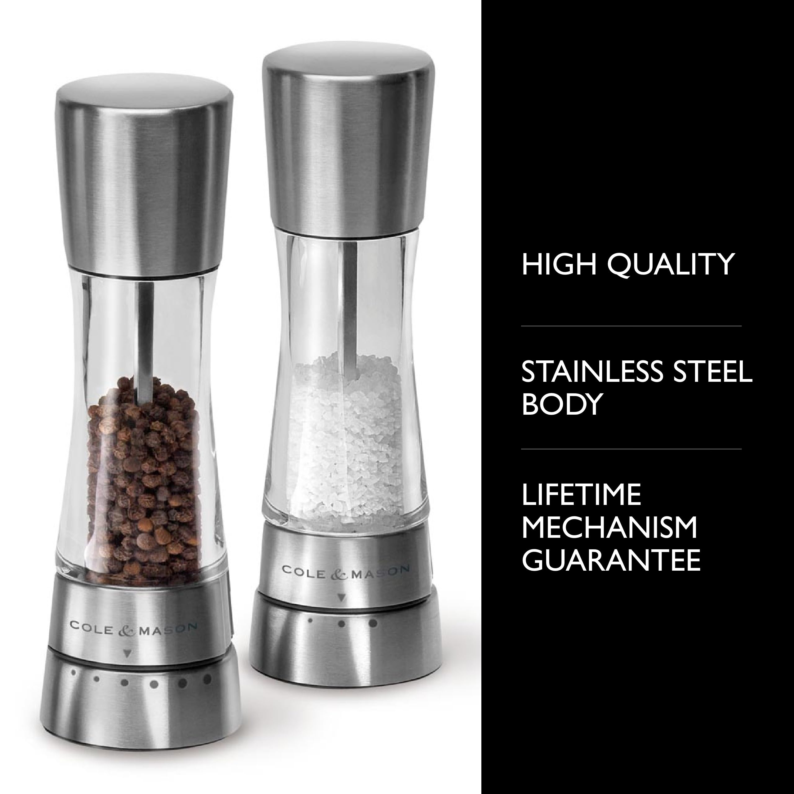 Cole & Mason Derwent pepper mill in clear acrylic offering precise grind control at the table.