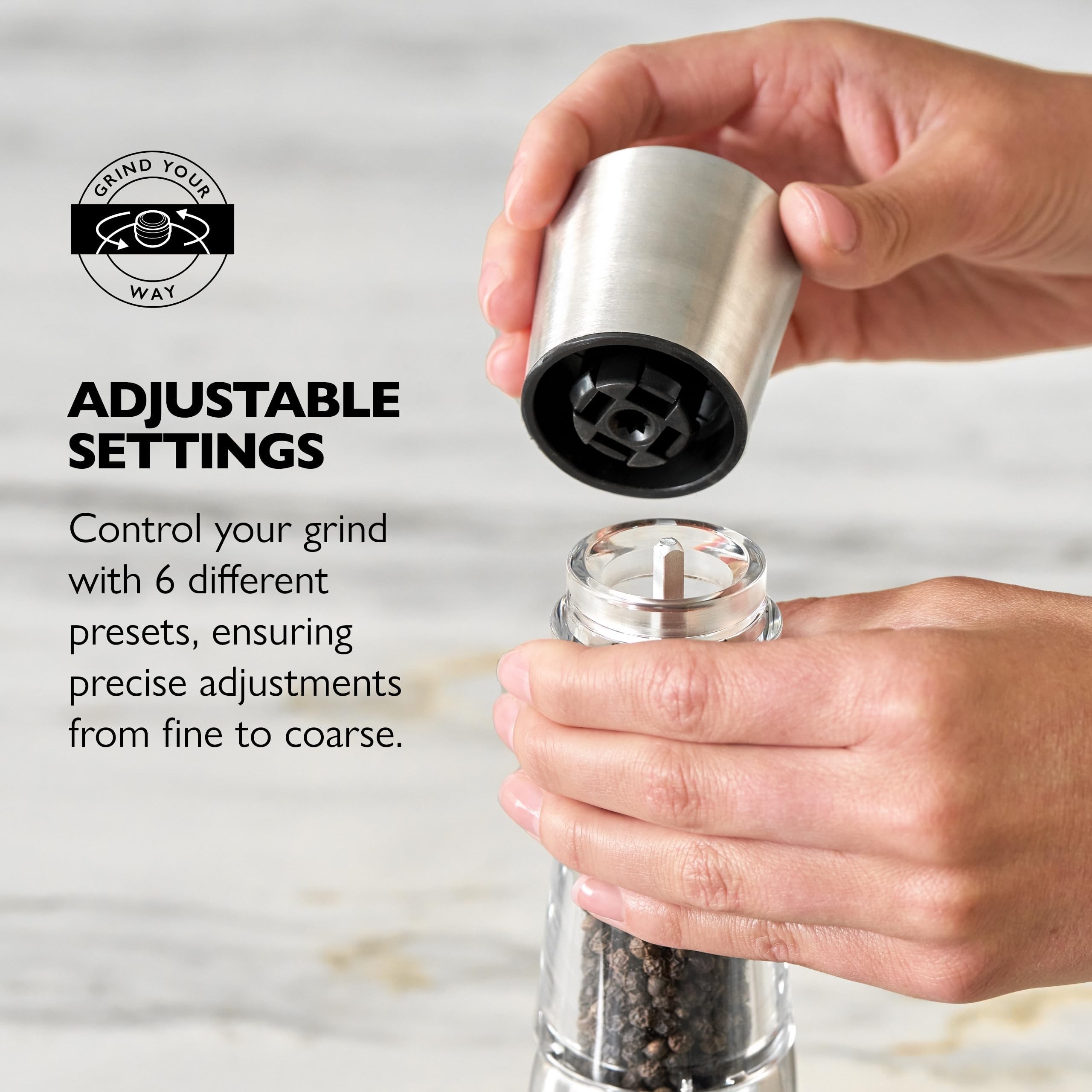 Refill friendly design of the Derwent pepper mill simplifies topping up spices