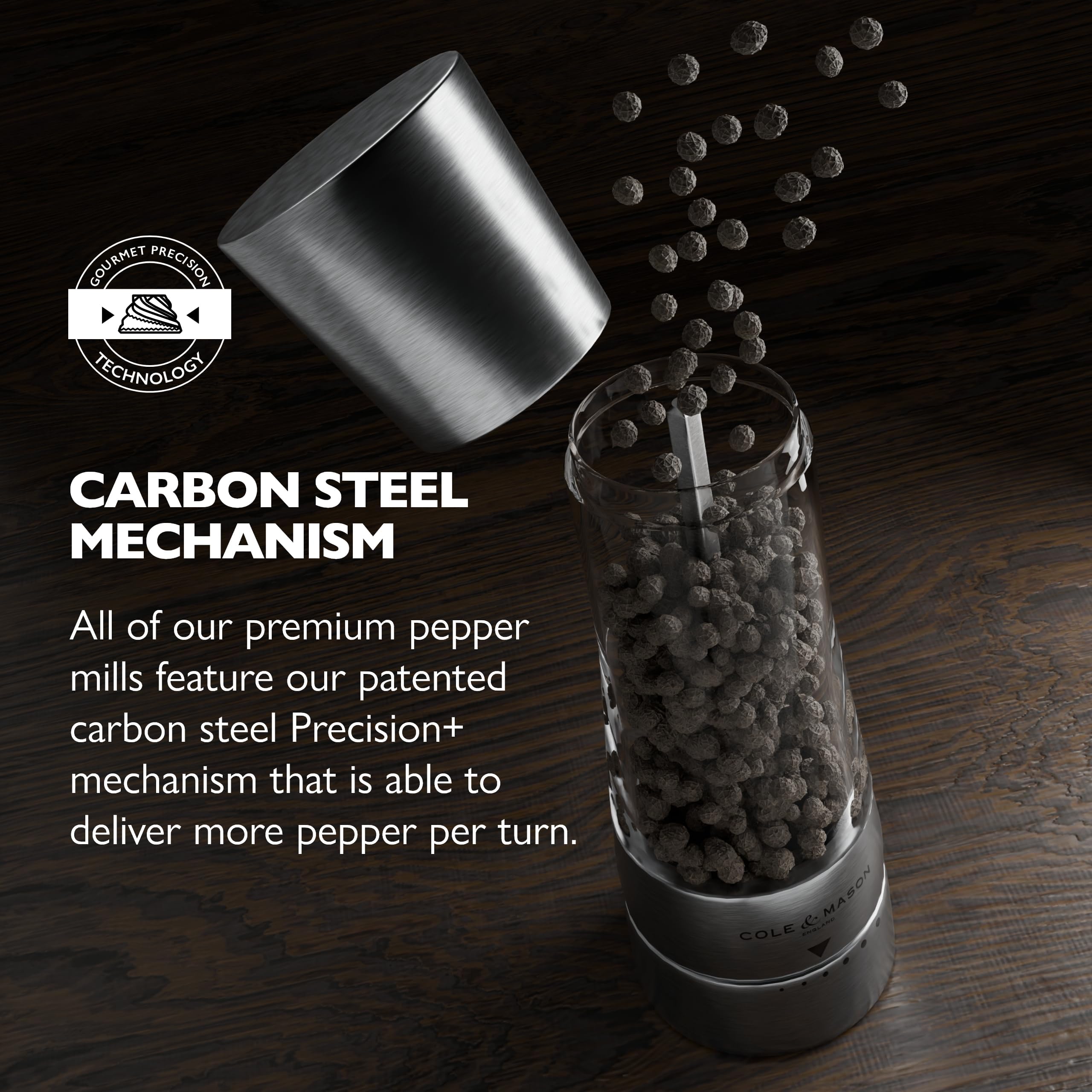 Stainless steel finishes on the Derwent pepper mill for durable style