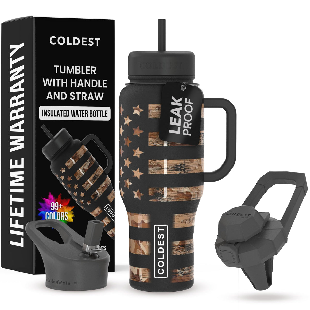 The Coldest Water camouflage flag 36oz tumbler side view for outdoor portability and hydration.