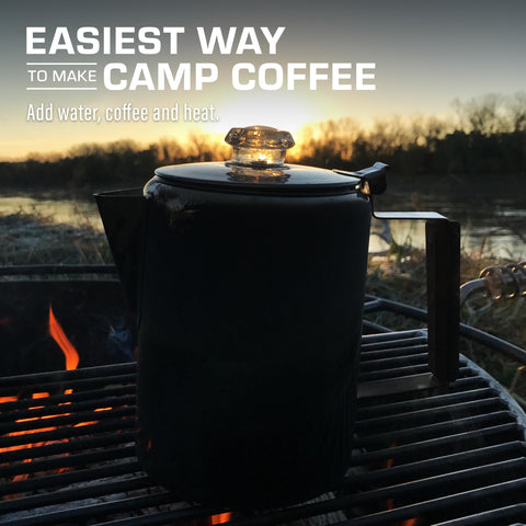Outdoor camping scene with COLETTI Bozeman brewing hot coffee