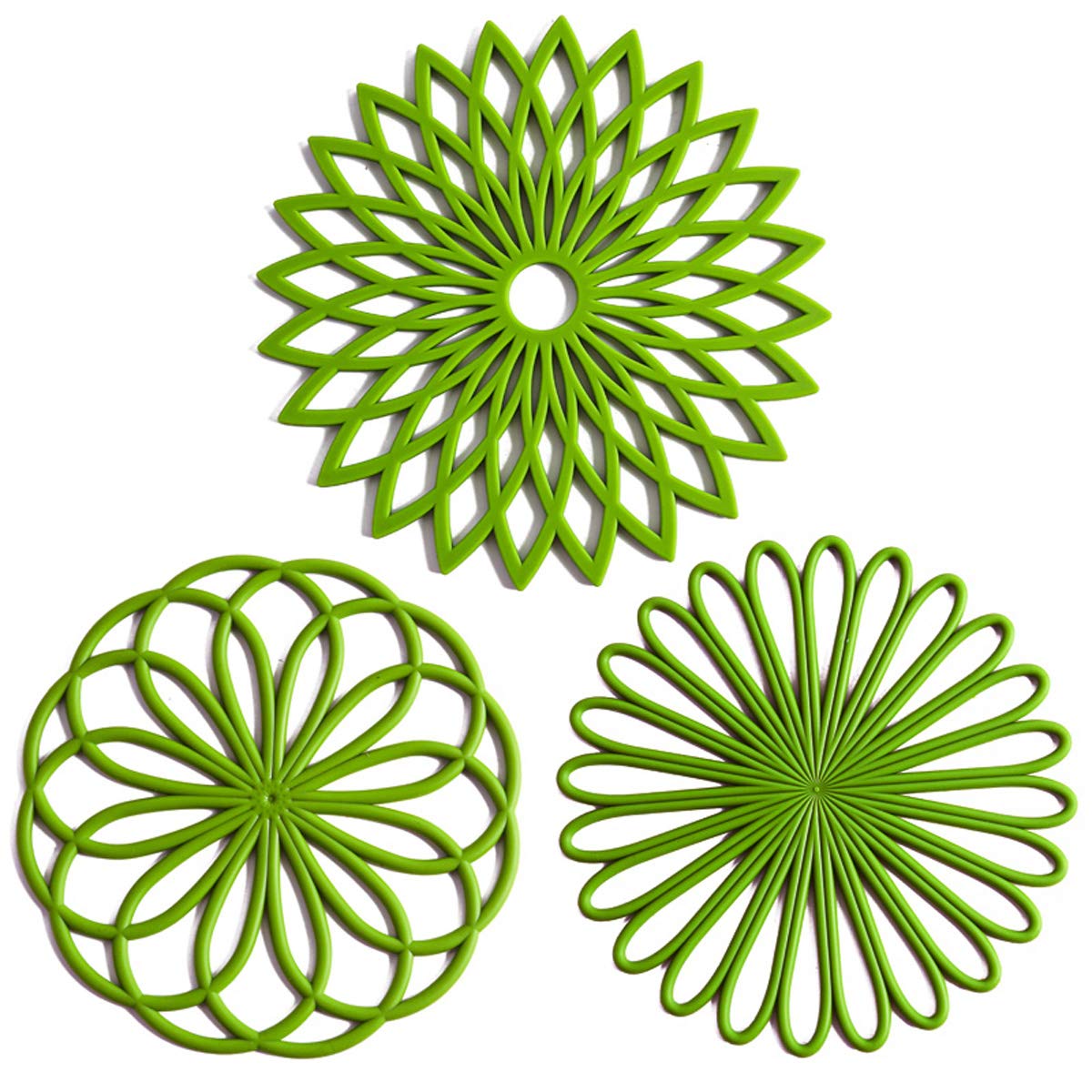 Colinda silicone trivet set with three carved designs protects countertops from hot pots.