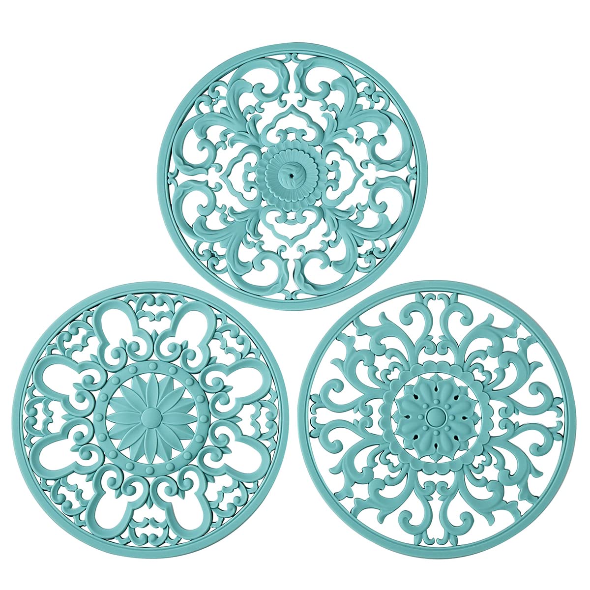 Colinda trivet set turquoise design 1 protects surfaces from heat.
