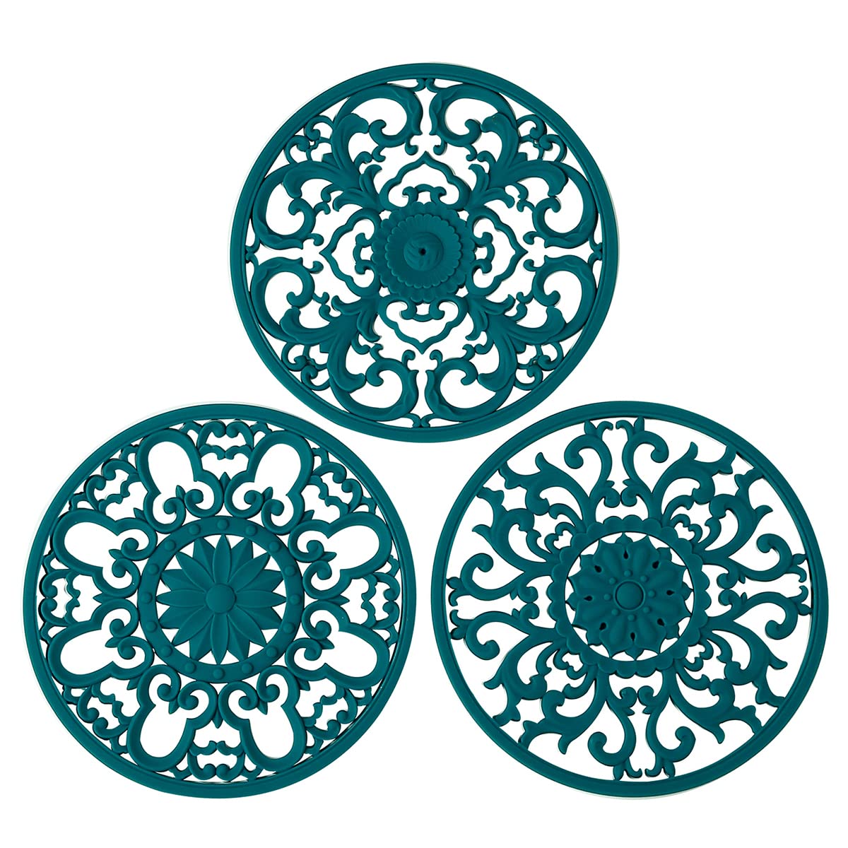 Colinda trivet teal set of 3 with decorative designs protecting countertops.