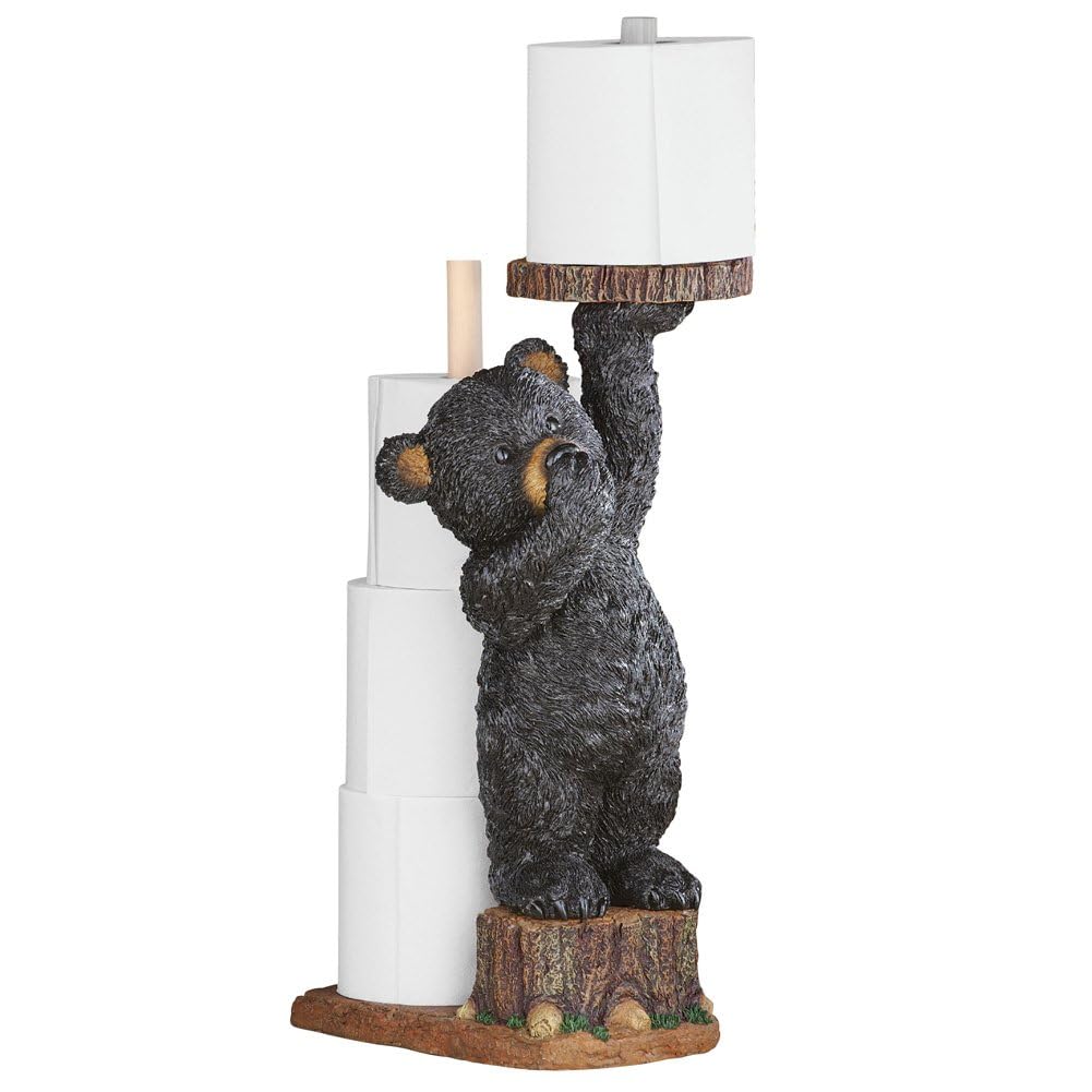 Collections Etc Aurrra Northwoods bear cub toilet paper holder, front view with spare rolls for easy access