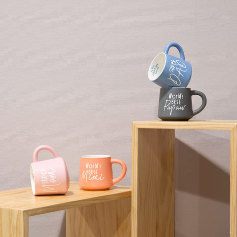 COLLECTIVE HOME coffee mug print SUPER DAD makes a playful gift statement.